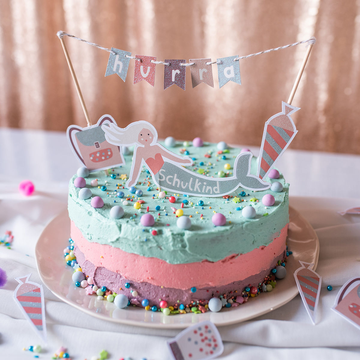 Ava&Yves Cake Topper mit Glitzer Meerjungfrau (Under the Sea) – Schulkind