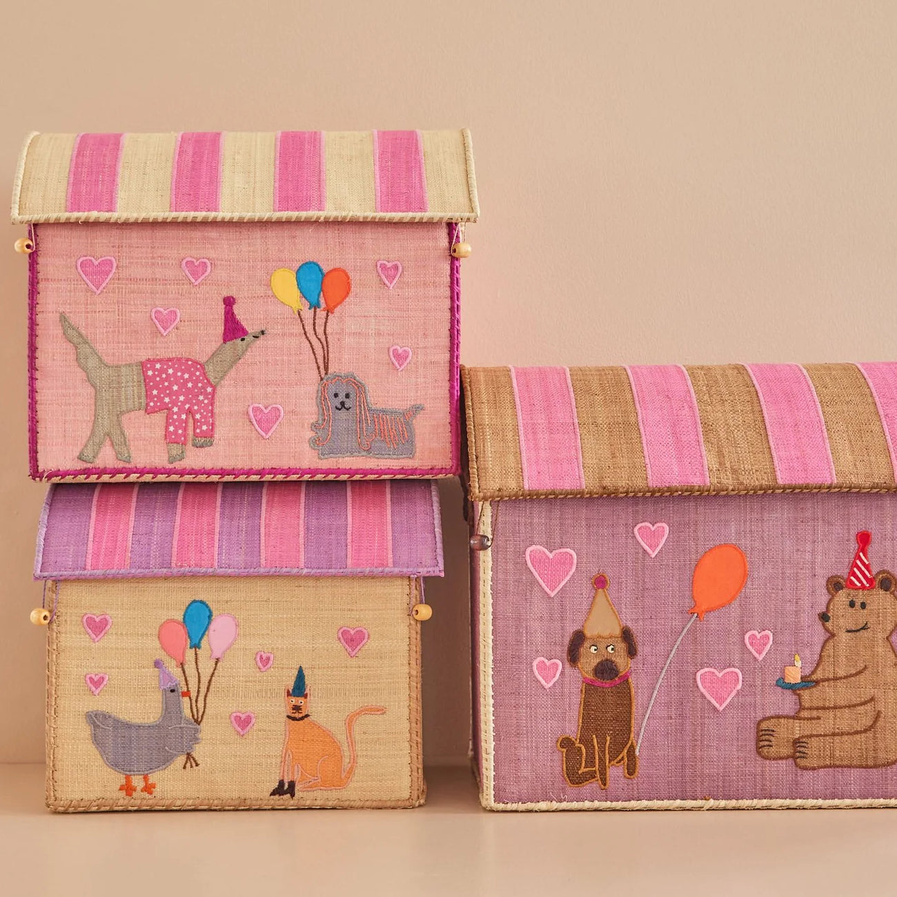 Rice Raffia Toy Baskets with Pink Party Animal S